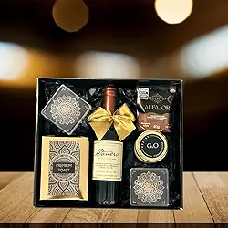 Kit Presente G&O Vibrações Positivas, Vinho Importado e Gourmet, Caixa Premium com Laço Dourado