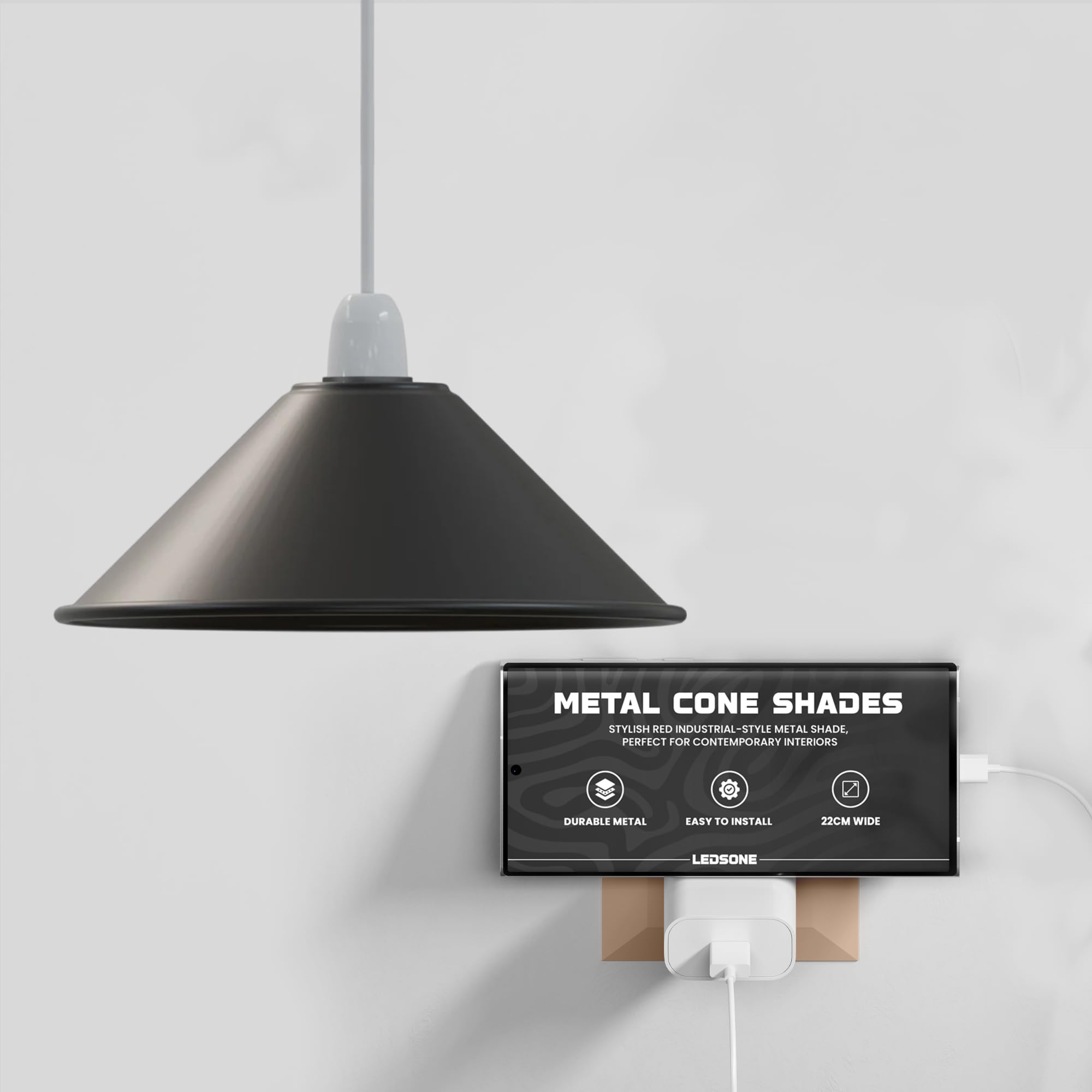 LEDSone Metal Easy Fit Lampshade Retro Industrial Ceiling Lighting Shade Hanging Pendant Cone Shade Light Fixture for Kitchen Dining Room Lights E27 (Cone - Black) โ image 1