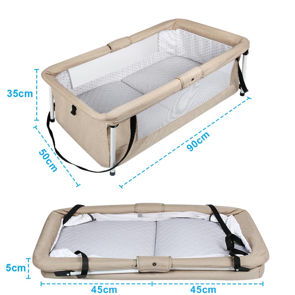 Supfine Lit de Voyage Bébé Pliable, 90 x 50 x 35 cm, Lit Parapluie Portable et Compact, Module de Couchage pour Nouveau-né (Beige, 90 * 50 * 35 cm)