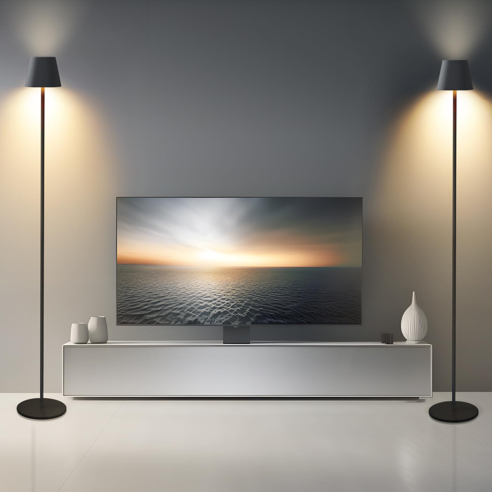 Homefire LED Stehlampe Dimmbar Wohnzimmer Stehleuchte 2ER: Schwarz | Standleuchte Modern USB Akku Steh lampe mit 3 Farbtemperaturen 3000K-6500K für Schlafzimmer Arbeitszimmer und Büro
