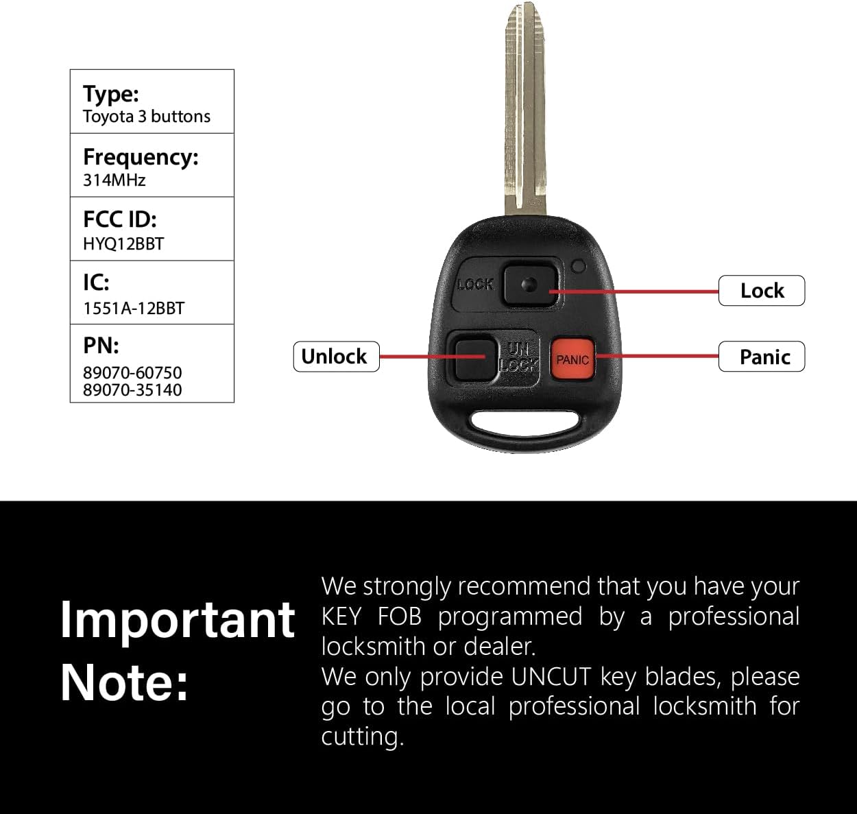 2 Keylessbest Replacement for 2003 2004 2005 2006 2007 2008 2009 Toyota Landcruiser FJ Cruiser Key Fob Remote Control HYQ12BBT 3 Buttons 314MHz