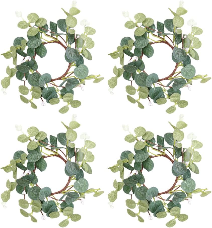PATKAW 4pcs 5.89inch Artificial Eucalyptus Wreath for Front Door Eucalyptus Farmhouse Candle Holder Eucalyptus Candle Ring Spring Summer Green Wreath for Window Party Home Decor