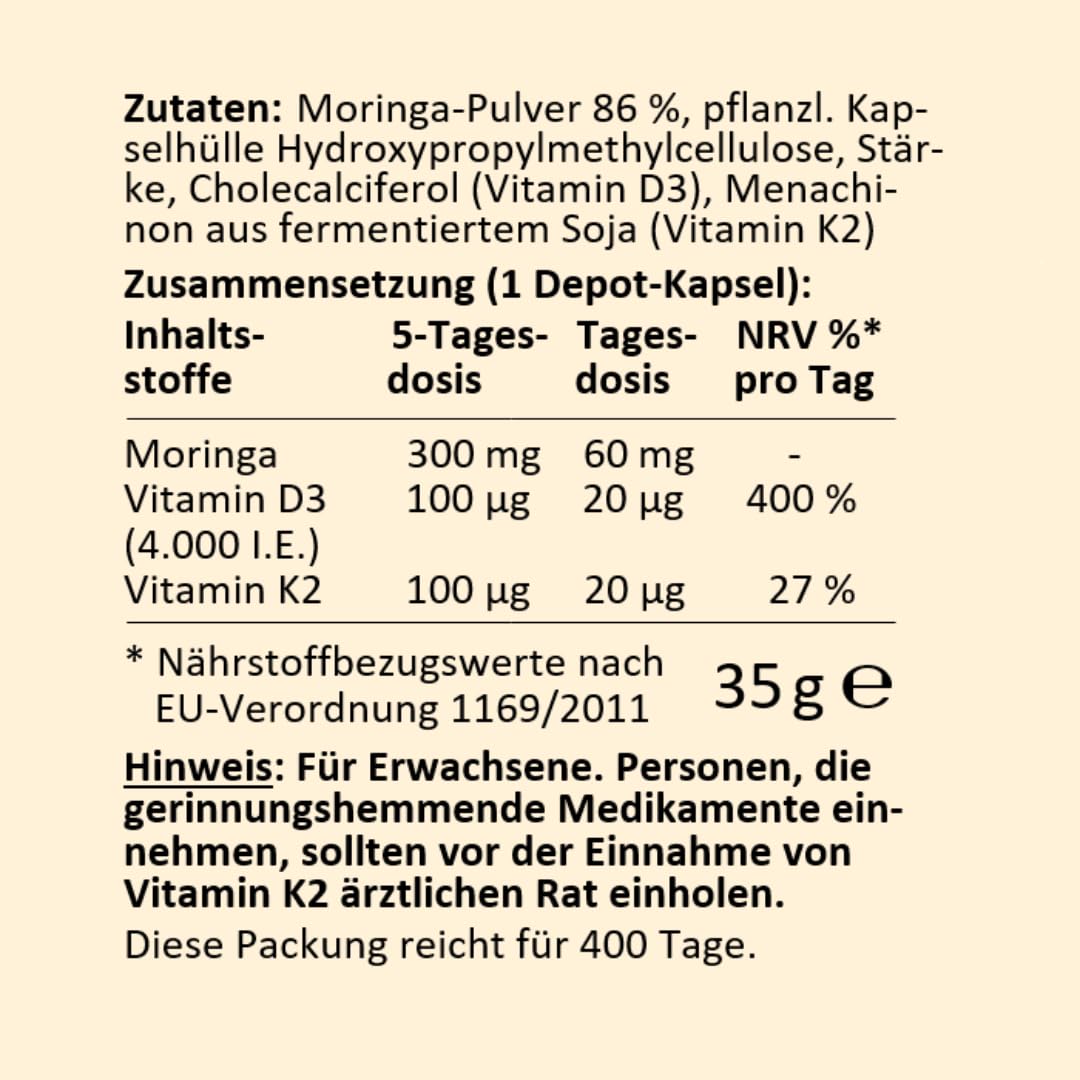 D3K2plus-Formel nach Dr. Probst, Kapseln mit Moringa-Pulver, Vitamin D3 und K2, 80 Kapseln