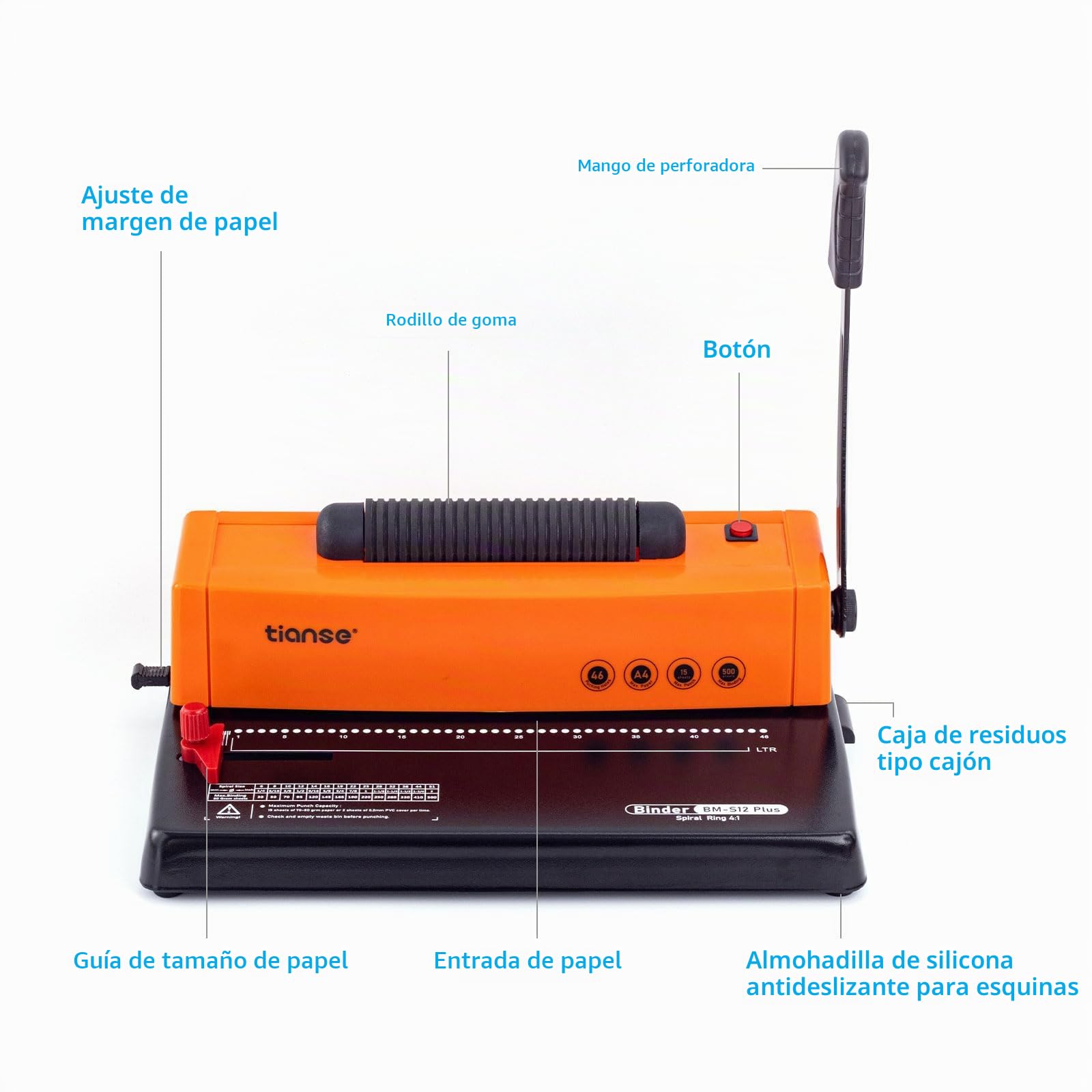 TIANSE Máquina de encuadernación, máquina de encuadernación de bobinas en espiral, perforadora manual con inserto de bobina eléctrica, apto para tamaño carta/A4/A5