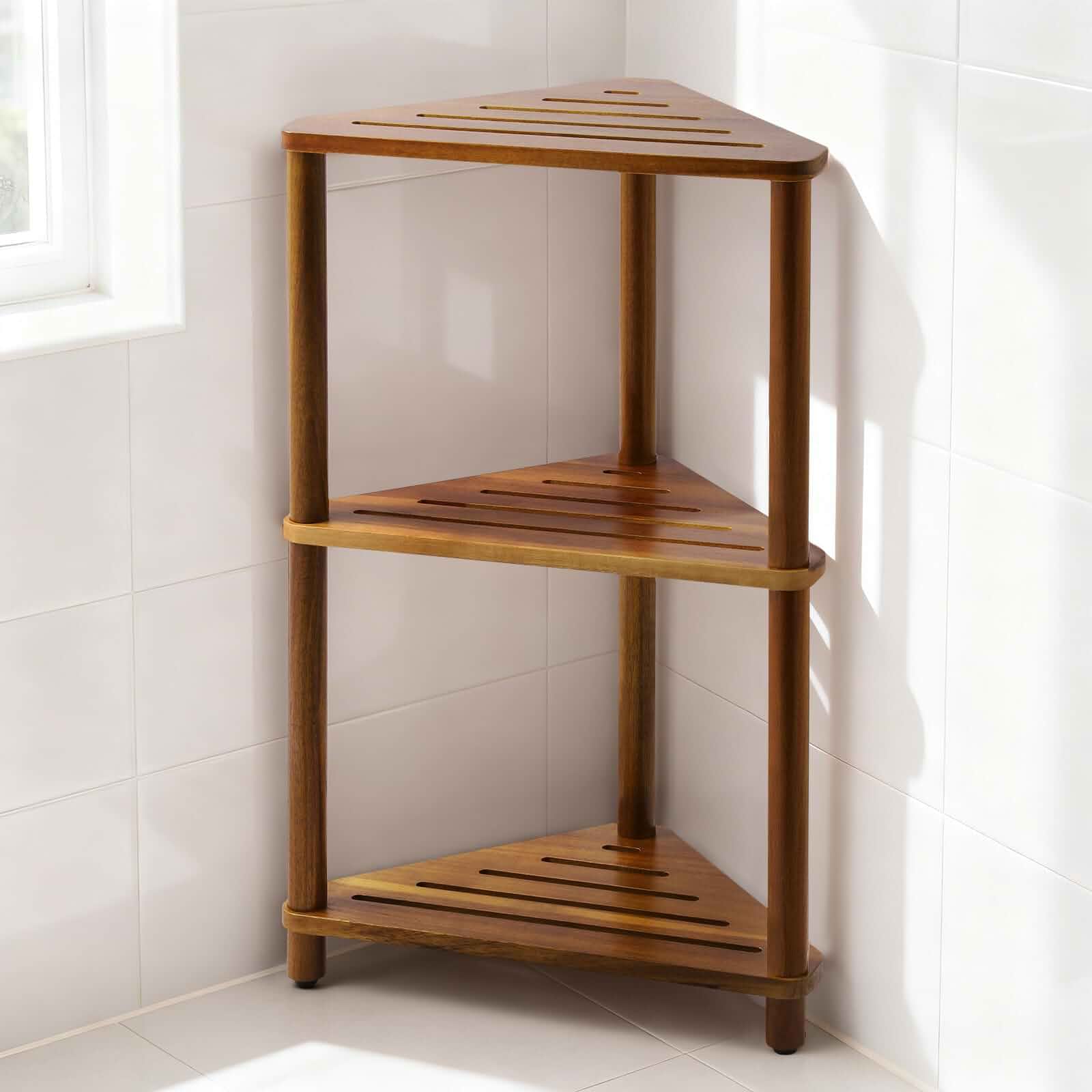 IBosins Corner Shower Shelf Shower Caddy Standing 3-Tier Wood Organizer Acacia Wooden Storage for Bathroom Kitchen Living Room Bedroom