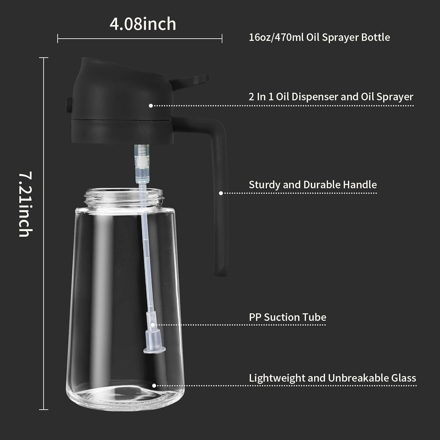2 in 1 Oil Dispenser and Oil Sprayer, 470ml Dispenser Bottle Spray and Pour, Glass Olive Oil Sprayer for Cooking, Food-Grade Oil Spray Bottle Mister Spritzer for BBQ, Air Fryer, Kitchen (Black)