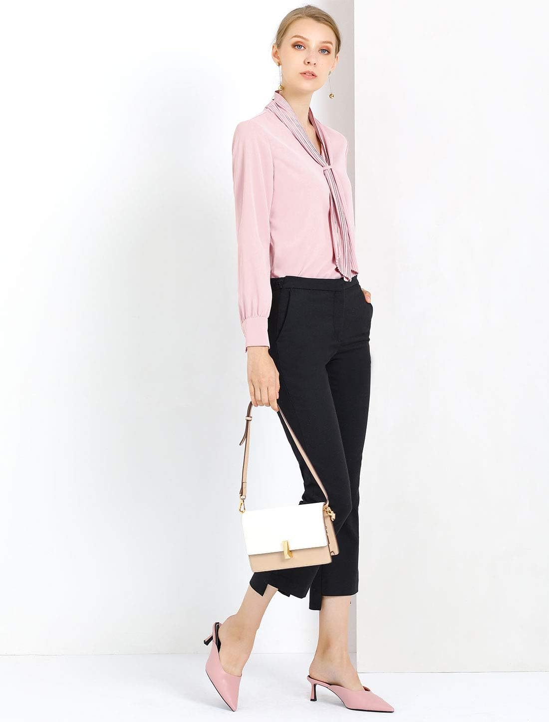 Allegra K Women's Dressy Long Sleeve Blouses Chiffon Pleated Tie Neck Office Top Shirt - Image 3