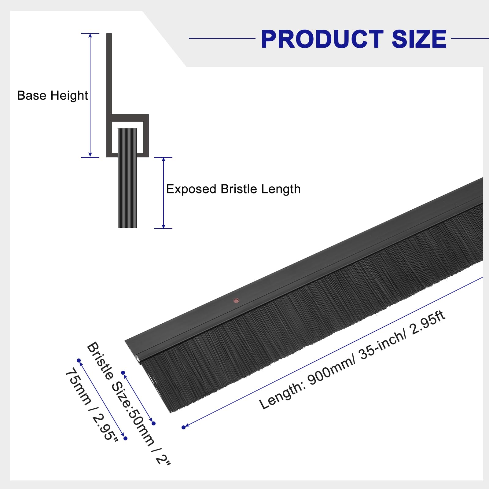 sourcing map Cepillo de puerta con base de aleación de aluminio en forma de H con cepillo de polipropileno de 50 mm para el hogar, industrial (900 mm de largo, negro)