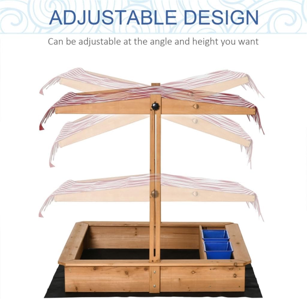 Sand Boxes for Kids Outdoor Wooden Sandbox with Adjustable Canopy and 2 Plastic Basin Sand Pit for Beach Patio Outdoor Sand Box Kids Outdoor Play Equipment Sand Protection Bottom Liner