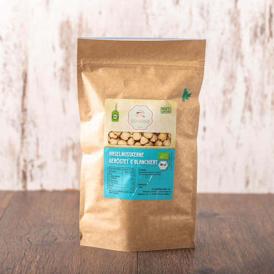 süssundclever.de® Bio Haselnusskerne, blanchiert & geröstet | 1,0 kg | 100% naturbelassen| Premium Qualität | plastikfrei und ökologisch-nachhaltig abgepackt