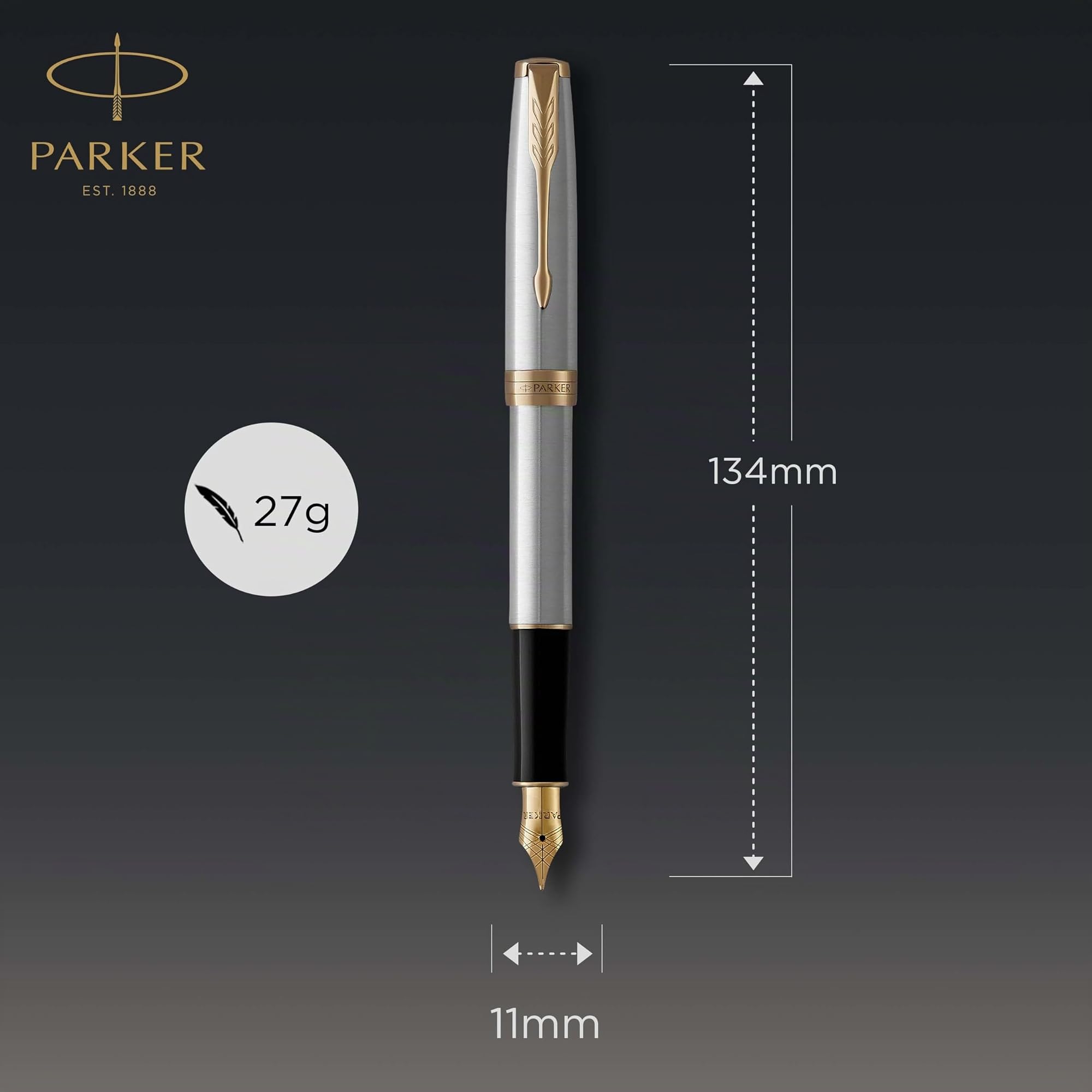 Parker Sonnet penna stilografica | acciaio inossidabile con finiture in oro | pennino sottile | Confezione regalo