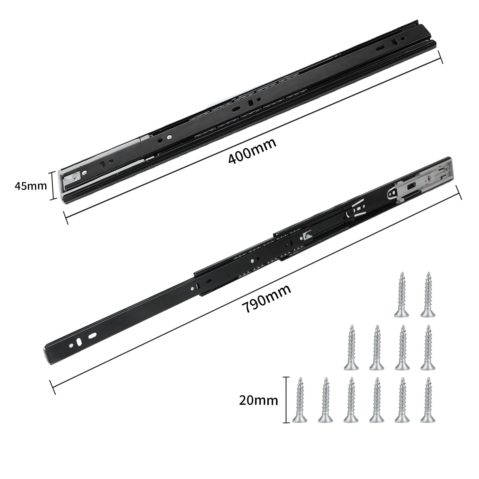 2 Correderas Para Cajones 400mm - Extensión Total Y Capacidad 45kg (Negro)