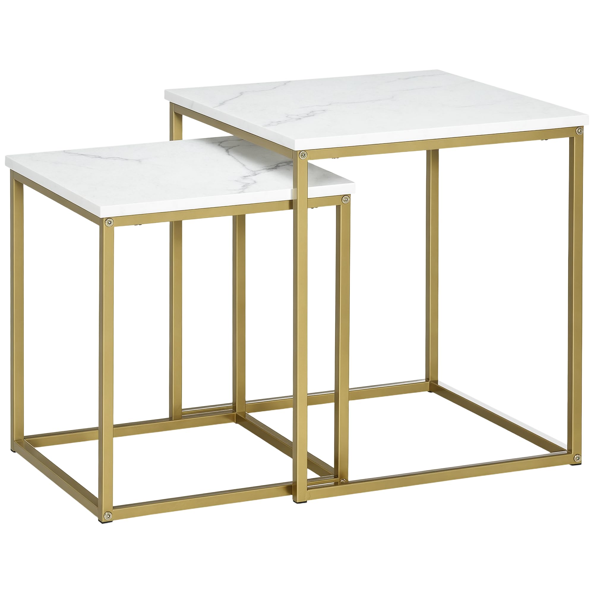 HOMCOM Lot de 2 Tables Basses gigognes Tables carrées Plateau Blanc Aspect marbre et Pied en Acier doré