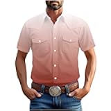 Men's Gradient Western Cowboy Cargo Shirts Patchwork Short Sleeve Casual Button Down Stretch Work Shirt with Pockets