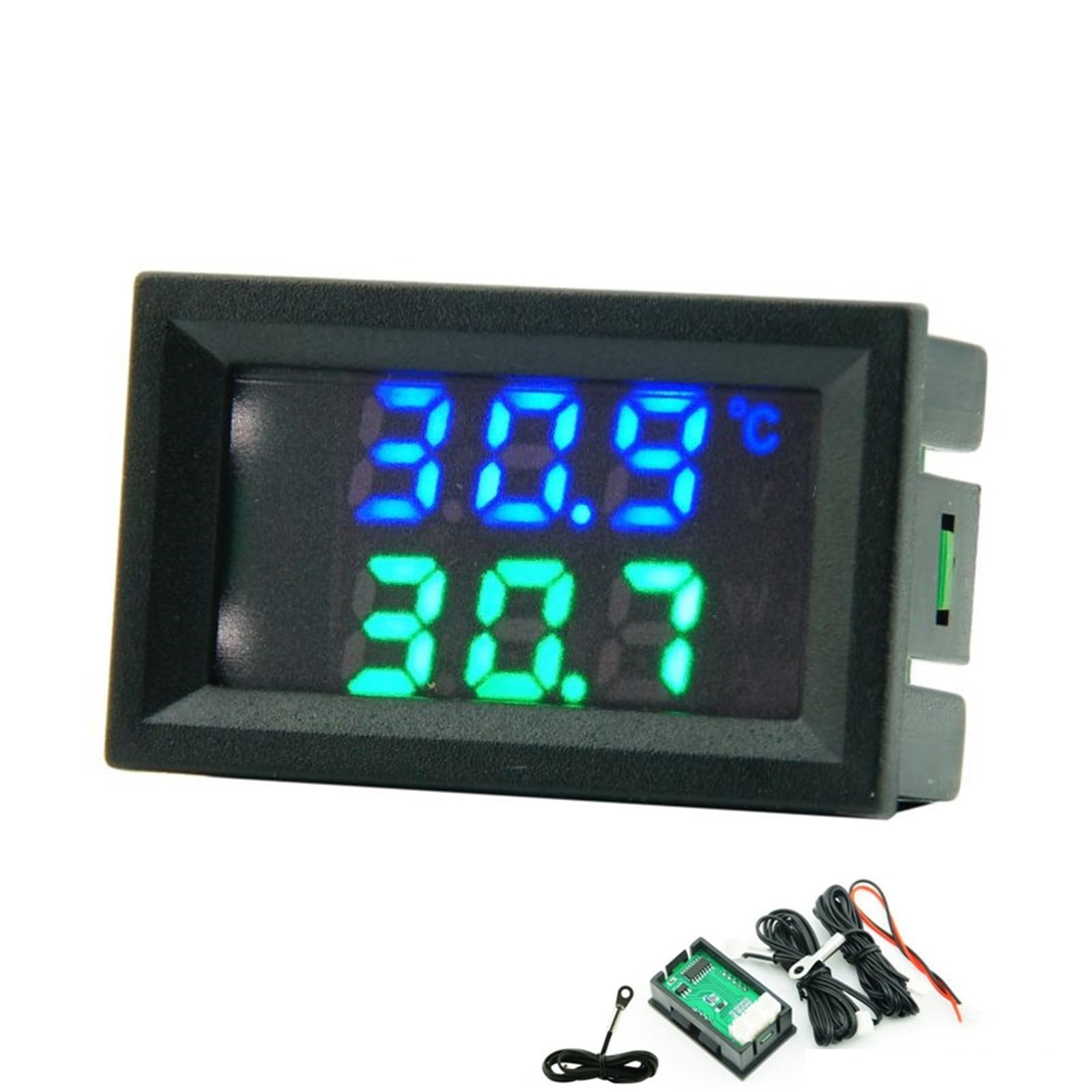 1 szt. 4 V-30 V Mini LED Dual Display Digital Czujnik temperatury W/NTC wodoszczelna metalowa sonda tester temperatury do wnętrz (niebiesko-zielony pierścień)