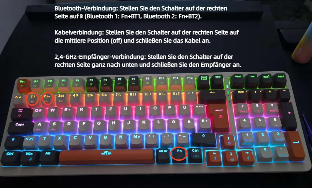 Rii Mechanische Tastatur Kabellos, Gaming Retro Tastatur Bluetooth, Tri-Modi Tastatur 75 Prozent mit QWERTZ, Beige-Grau-Orange dreifarbige Tastatur (BT5.0 + 2.4GHz + Kabel)