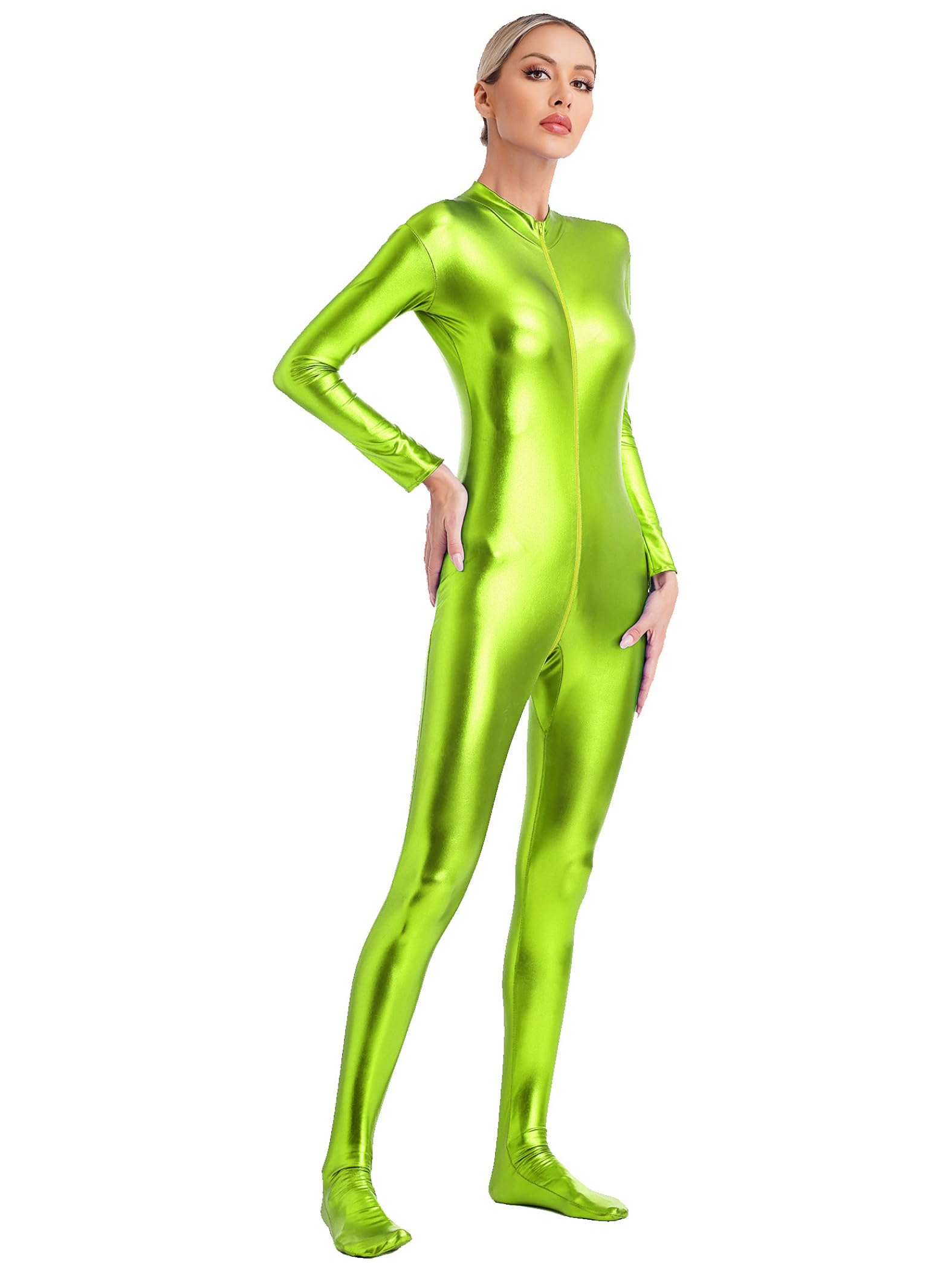 Damas Traje Entero Metálico De Cuerpo Entero Manga Larga Mono Bodysuit Monopiece Jumpsuit Disfraz De Carnaval