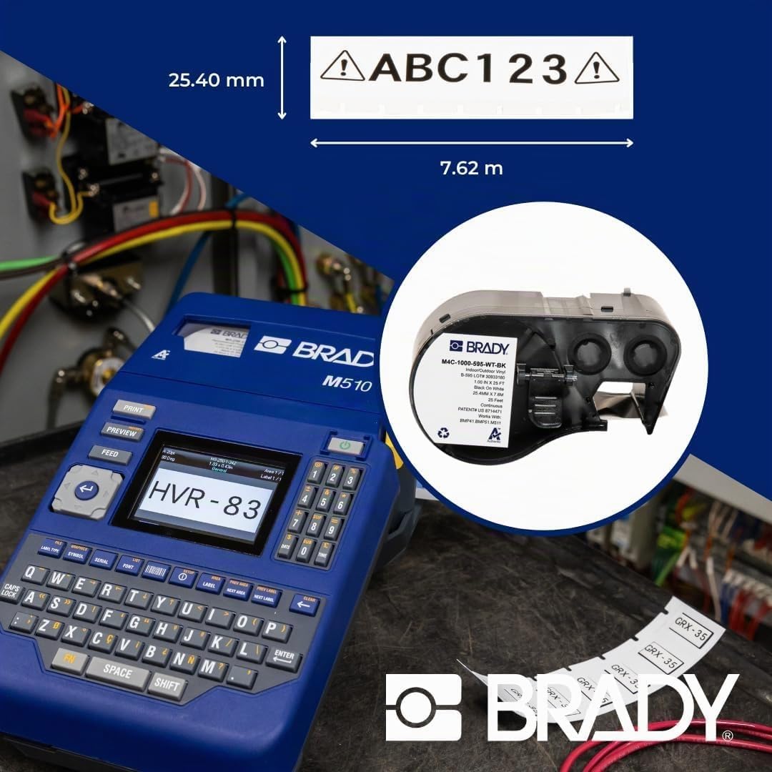 Brady Nastro in Vinile per Stampante Etichette BMP41, 51, 53/M511 - Etichette Adesive - Nero su bianco (25,40 mm x 7,62 m) - M4C-1000-595-WT-BK