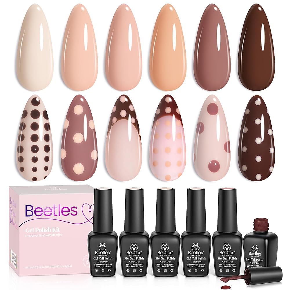 beetles Fall Gel Polish Set - Skin Tones Collection Nude Brown 6 Colors Gel, Polka Dot Nails Design Neutral Polish Soak off Uv Led Lamp Needed Manicure Diy Home