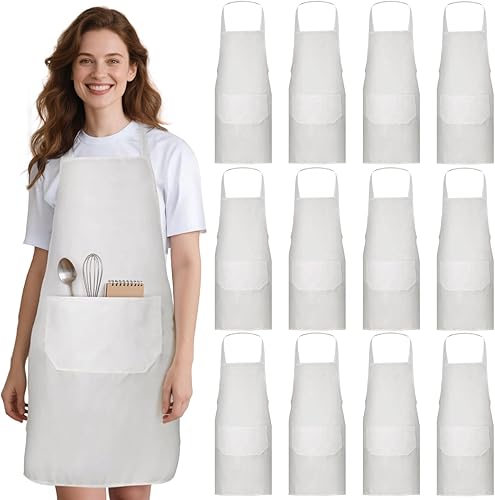 Paquete de 12 delantales con peto, delantales unisex lisos, delantales blancos a granel con 2 bolsillos para adultos, cocina y pintura, lavable a