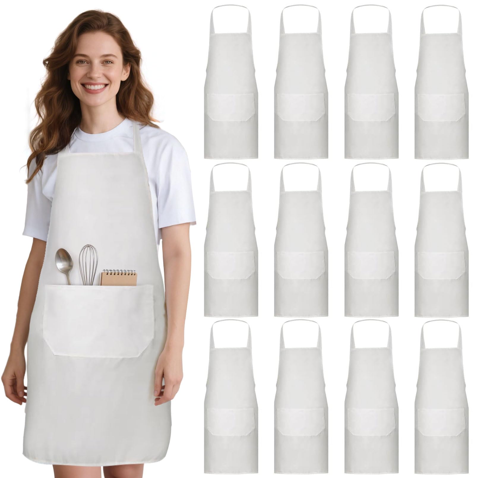 Incisite 12 Pack Bib Apron, Unisex Plain Bib Aprons, White Aprons Bulk with 2 Pocket, Blank Chef Apron with Long Ties for Adults Cooking Painting, Machine Washable, 60 x 71cm