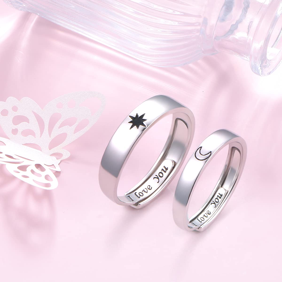Couple Ringe S925 Sterling Silber Partnerringe Verlobung Promise 2In1 Ich liebe dich Sonne und Mond Stern Paar Ringe für Damen Männer Einstellbares Herz ringe