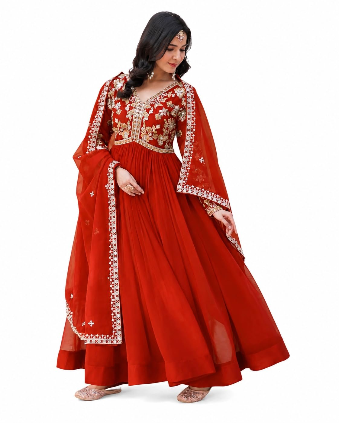 Women Faux Blooming Zari and Sequin Embroidery Work V-Neckline Full Sleeves 3.5-Meter Flare top to Bottom and Dupatta Set (in, Alpha, M, Noor Orange Gown)-image-23