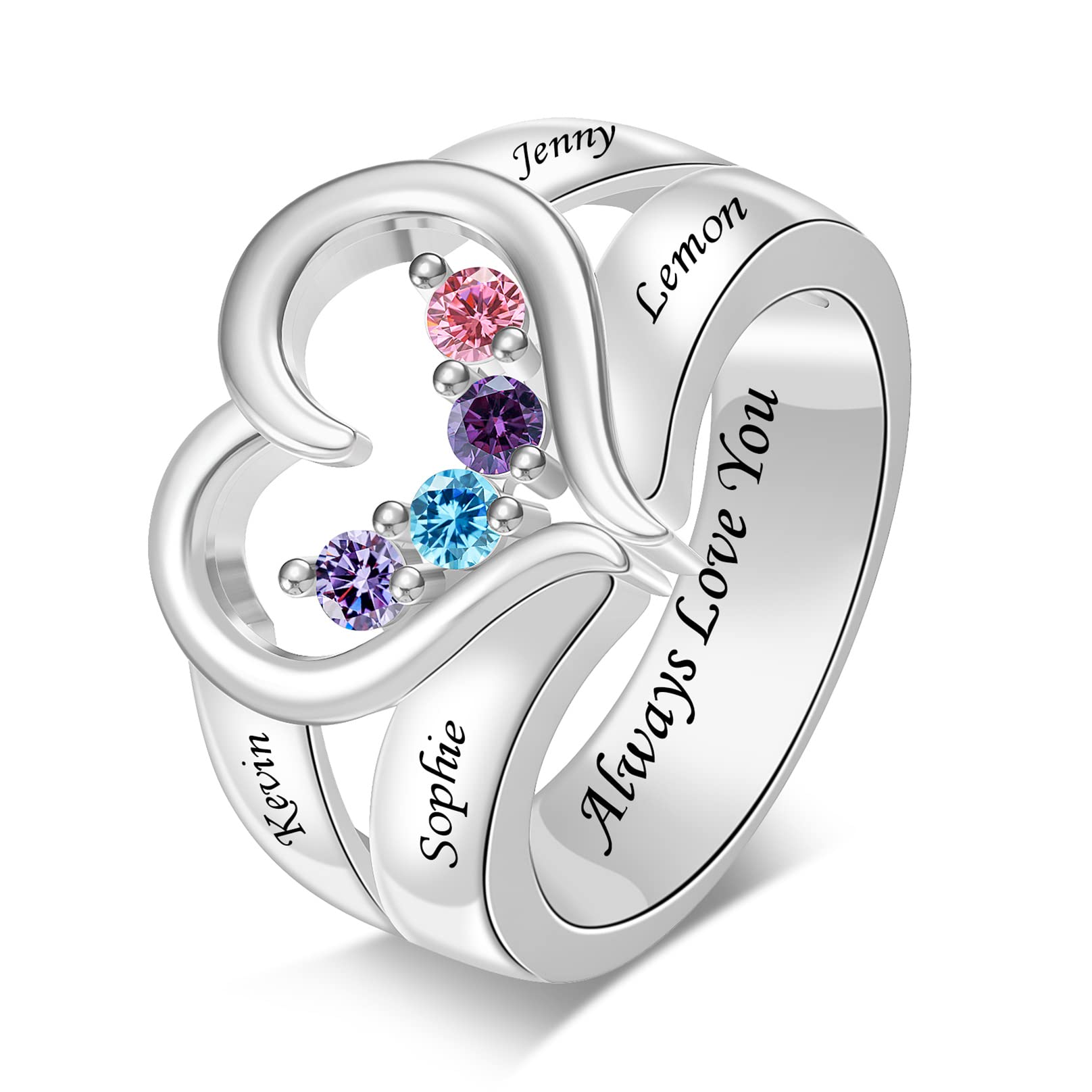 QWBV NELO Personalized Birthstone Rings for Women 925 Sterling Silver Heart Family Ring Custom Engraved Name Ring for Mom