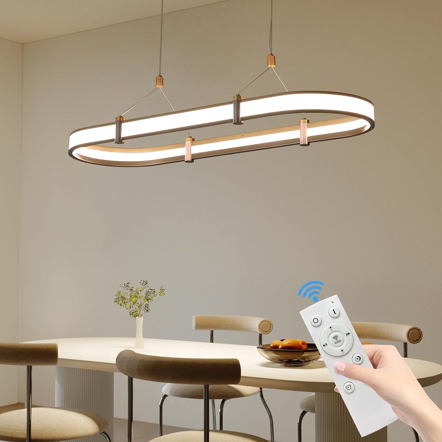 LED Modern Pendant Light Fixture, 35.4inch Oval Kitchen Island Chandelier, Dimmable Hanging Ceiling Light Minimalist Dining Room Lighting for Living Room, Bedroom, Dining Table, Entryway