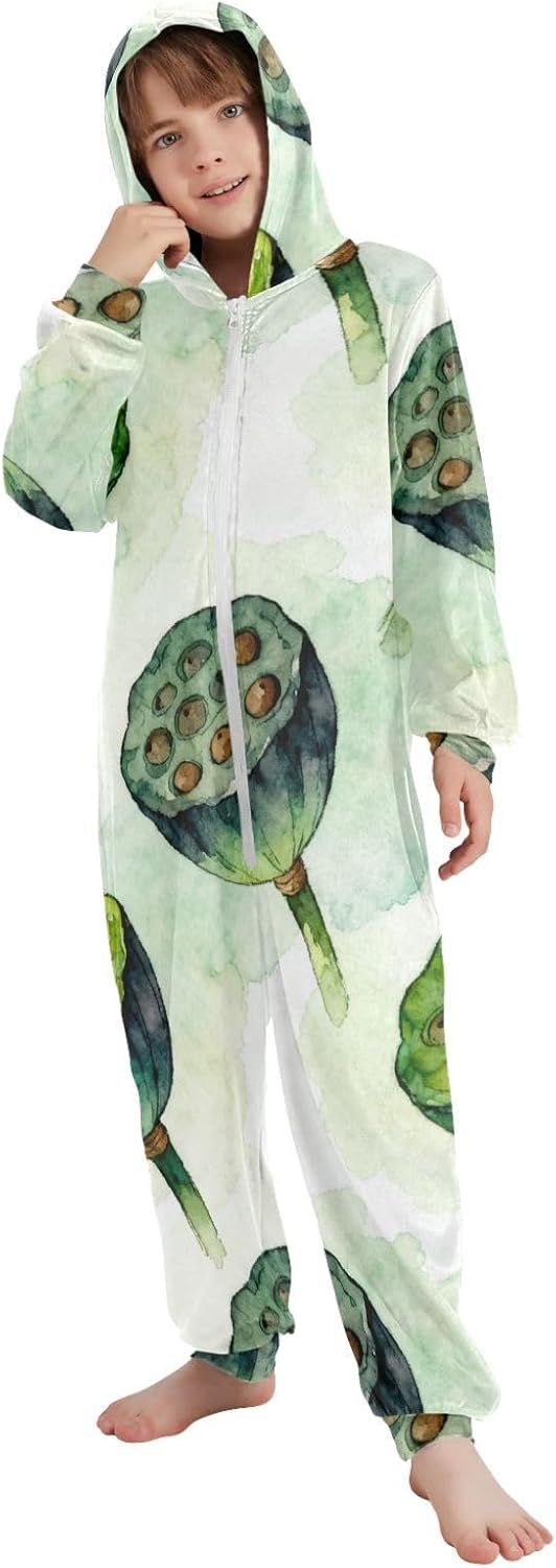 Watercolor Seedpot Of LotusOnesie PajamasSoft Casual Hooded One-Piecing Costumefor Parties Sleepovers