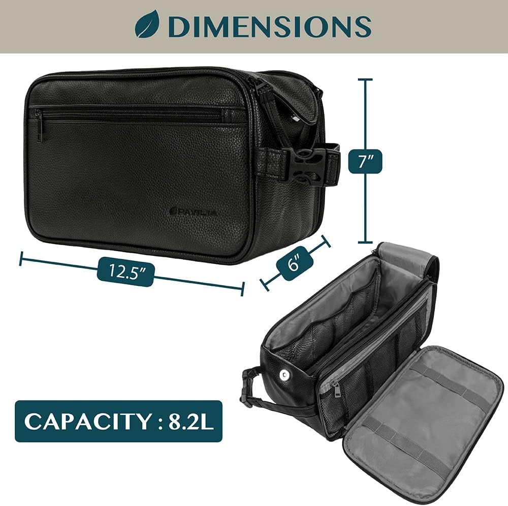 PAVILIA Toiletry Bag for Men, Travel Essentials Shaving Dopp Kit, Mens Travel Bag Toiletries Organizer Case for Grooming, PU Leather Water Resistant Cosmetic Bag Pouch (XL, Black)