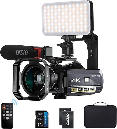 ORDRO Cámara de video UHD 4K IR visión nocturna Vlogging Cámara para YouTube Grabadora de zoom digital con micrófono, lente gran angular, luz de