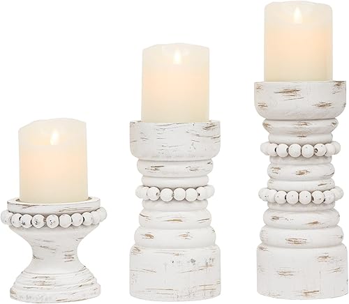MODE HOME Juego de 3 portavelas de madera rústica, portavelas de pilar de madera con cuentas de granja, portavelas para velas de pilar y
