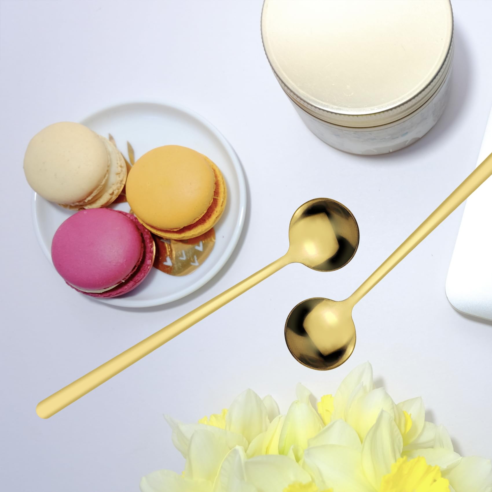 Paquete de 3 cucharas de café, cucharas redondas de postre, cucharas de té de acero inoxidable, cucharas de sopa, juego de cucharas pequeñas para chocolate, pasteles, helado (3, dorado)