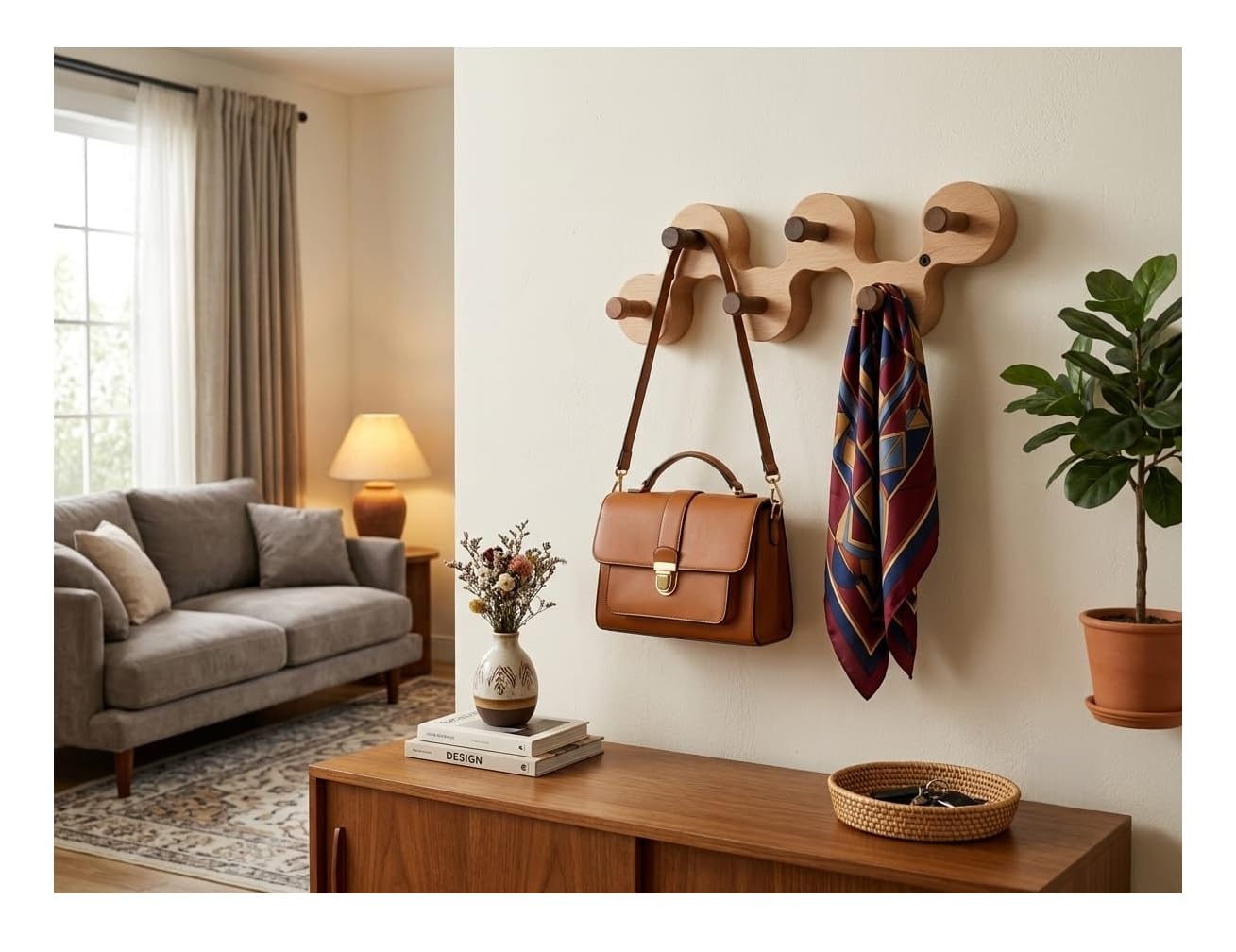 Wall Mounted Wooden Coat Hanger with 6 Hooks, Stylish Multipurpose Wall Rack for Clothes, Coats, Jackets, Bags, Purses, Hats, Scarves & Keys, Modern Decorative Wall Organizer for Entryway-image-15