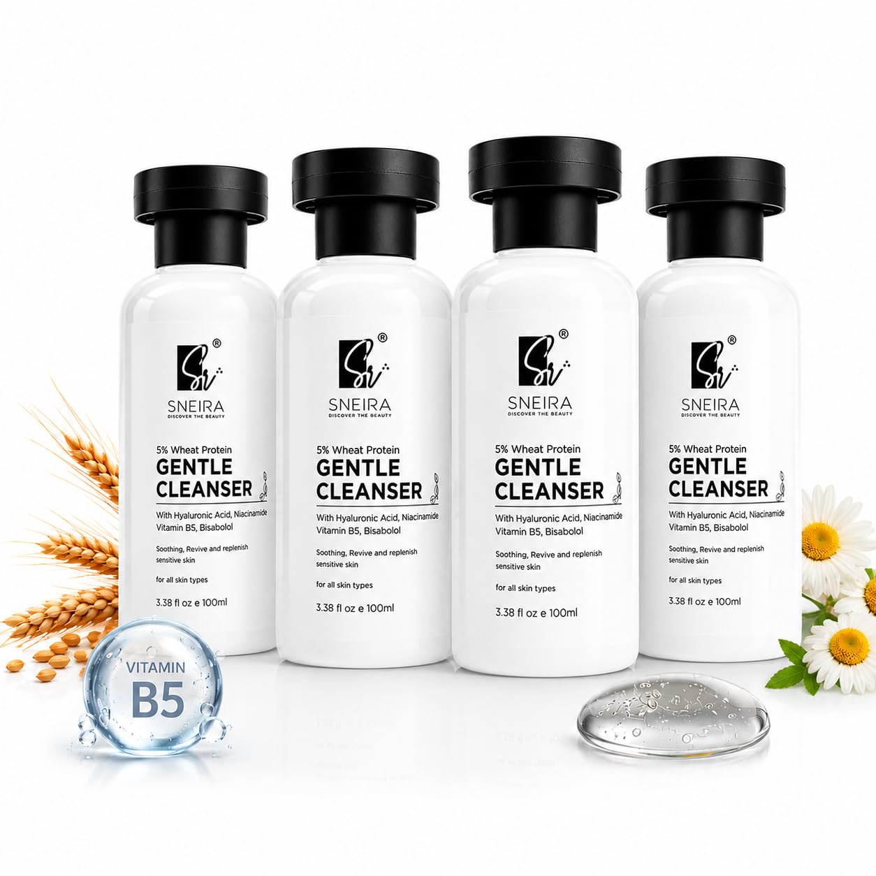 SNEIRA Gentle Cleanser (400 ml) with 5% Wheat Protein, Hyaluronic Acid, Niacinamide, Vitamin B5 & Bisabolol | Nourishing Formula for Hydrated, Smooth Skin|Cleansers For All Skin-type
