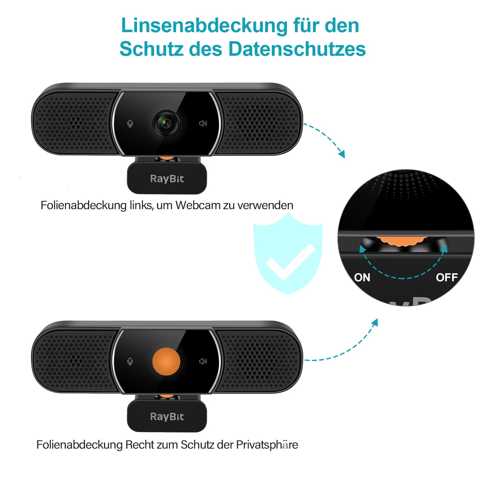 3-in-1 Webcam - 2K HD Webcam mit Mikrofon, Lautsprecher und Abdeckungen, Klarer Stereo-Sound & Belichtungskorrektur & Autofokus, USB Web Kamera für Desktop Computer/PC/Laptop/Zoom/Skype/Teams