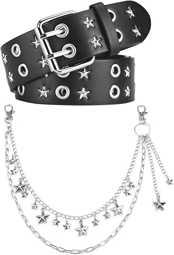 Double Grommet Studded Star Belt,Y2k Belts for Women Men, Black Punk Rock Grunge EMO Goth Belt with Pants Chain