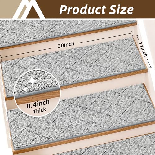 Image of COSY HOMEER Stair Treads for Wooden Steps 11 inchx30 inch Washable Indoor Carpet Stair Treads Non Slip Soft Polyester Stair Carpet Tread Reusable Stair Runner Rugs for Kids, Elders,Pets,Grey,15pcs