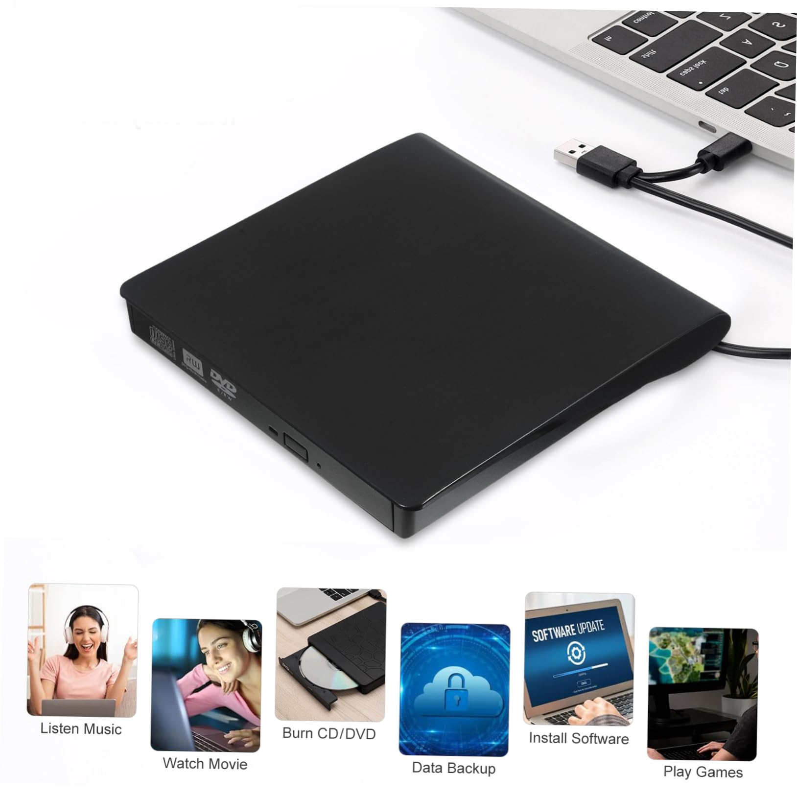 OKUMEYR External CD DVD Drive with Portable Optical Drive for Easy Playback Stylish Design Convenient Storage Compatible Laptops