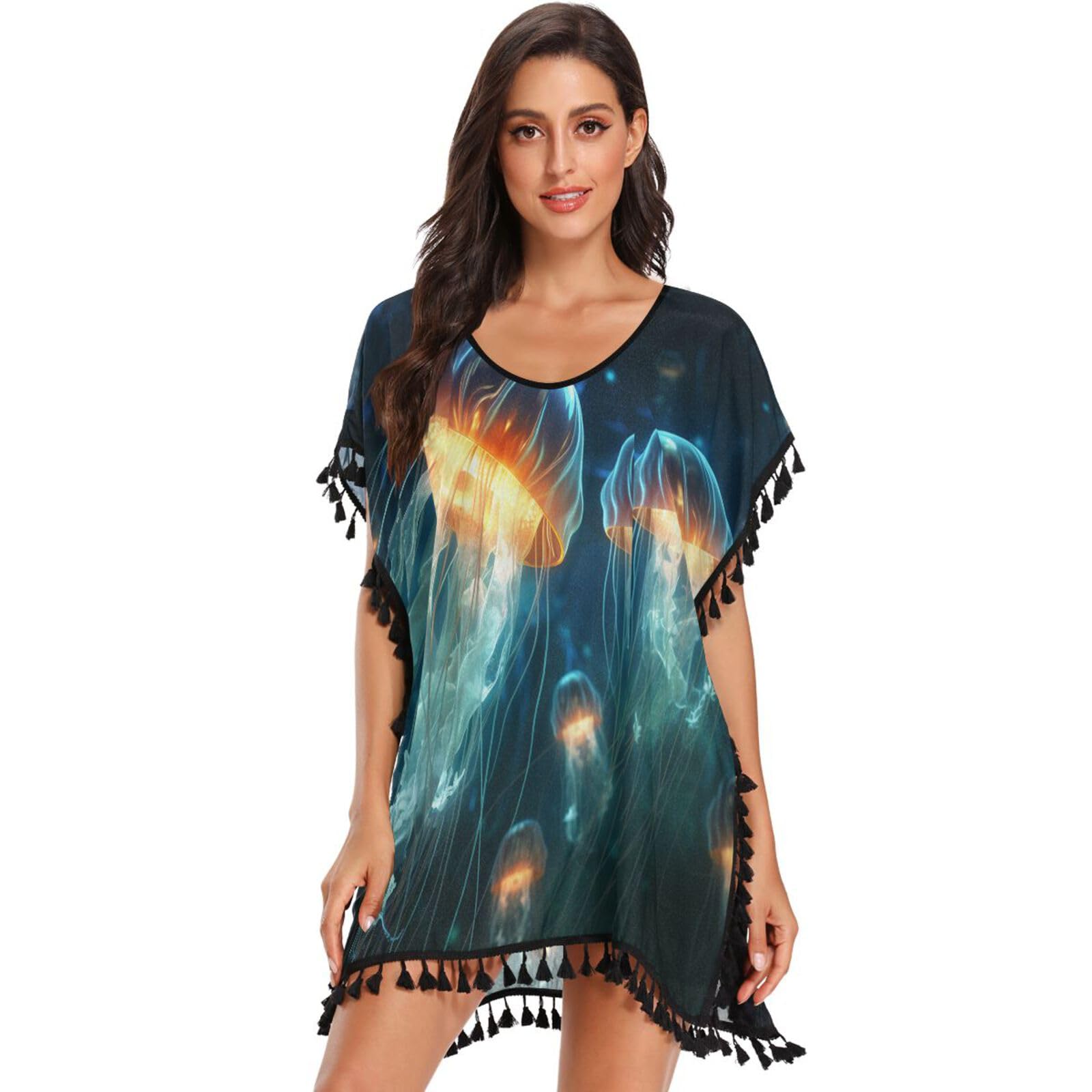 KAAVIYO Space Flying Fire Jellyfish Women's Beach Cover Up Chiffon Tassel Swimwear Swimsuit Coverups for Girl