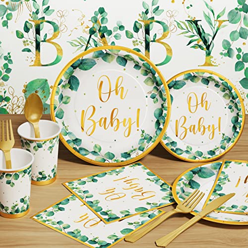 Sage Greenery Baby Shower Party Supplies - 175 Pcs Boho Neutral Disposable Dinnerware Set (25 Guest) With Oh Baby Paper Plates Napkins Cups Plastic Fork Knives Spoon For Boy Girl Birthday Party Shower #TOP3