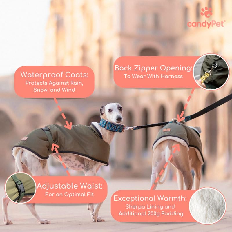 Wasserdichter Windhundmantel: Stil, Schutz vor Kälte und Regen, Lammfellfutter, Wärmedämmung, Loch für Geschirr, ideal für Windhunde, Greyhound und Podencos, Khaki, Größe L