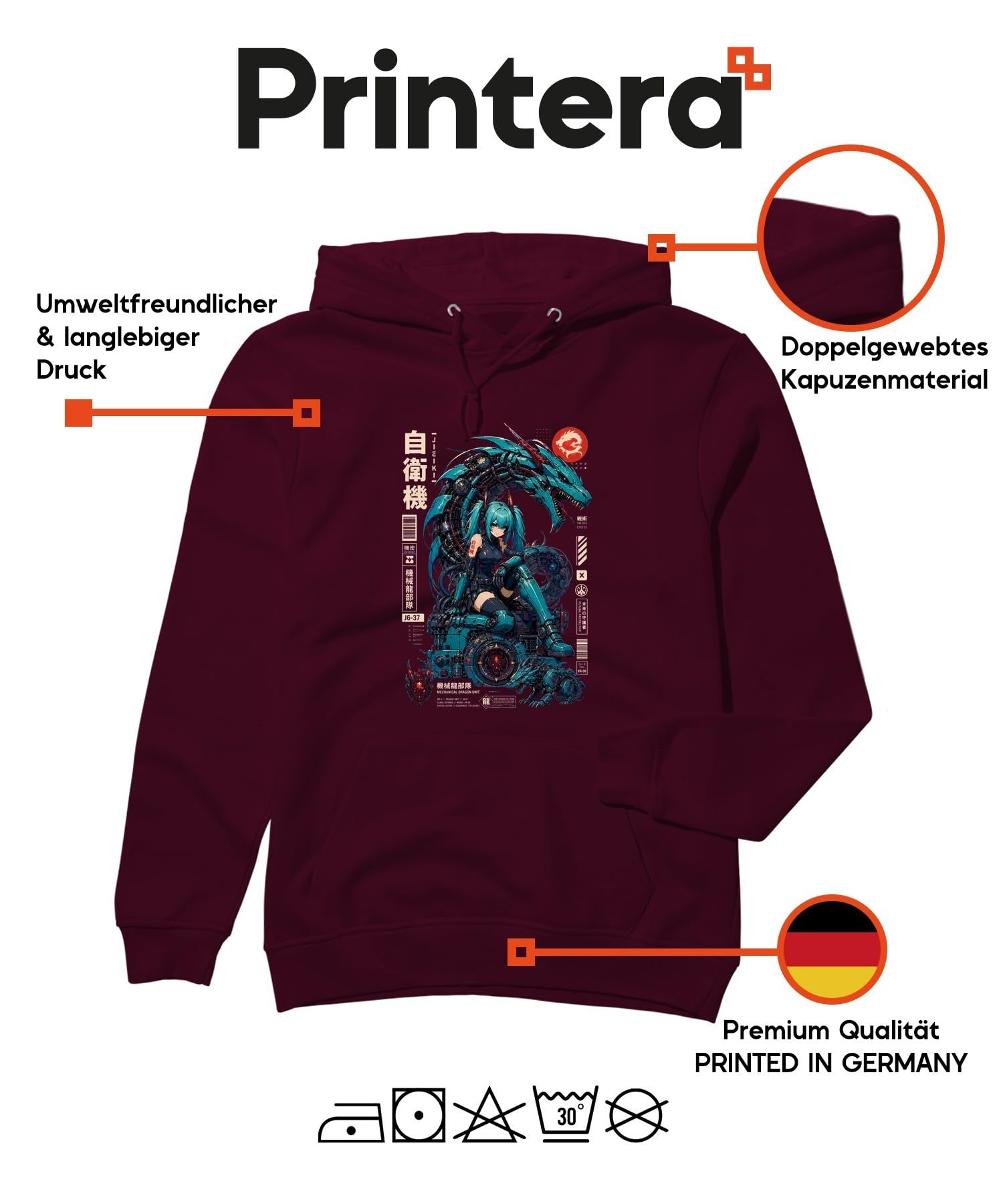Mechanical Dragon Unit Japan Y2K Felpa con cappuccio Borgogna, XL | Cyborg Robot Techwear Otaku Gaming Regalo Nerd Vaporwave Warrior Aesthetic Tactical Future