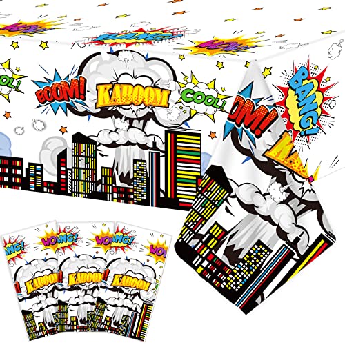 Image of Tevxj 3 Pieces Super Theme Hero Tablecloths Hero Themed Birthday Party Supplies Heroes Action Sign Plastic Table Cover Fun Super Tablecover for Happy Birthday Baby Shower Party Decorations