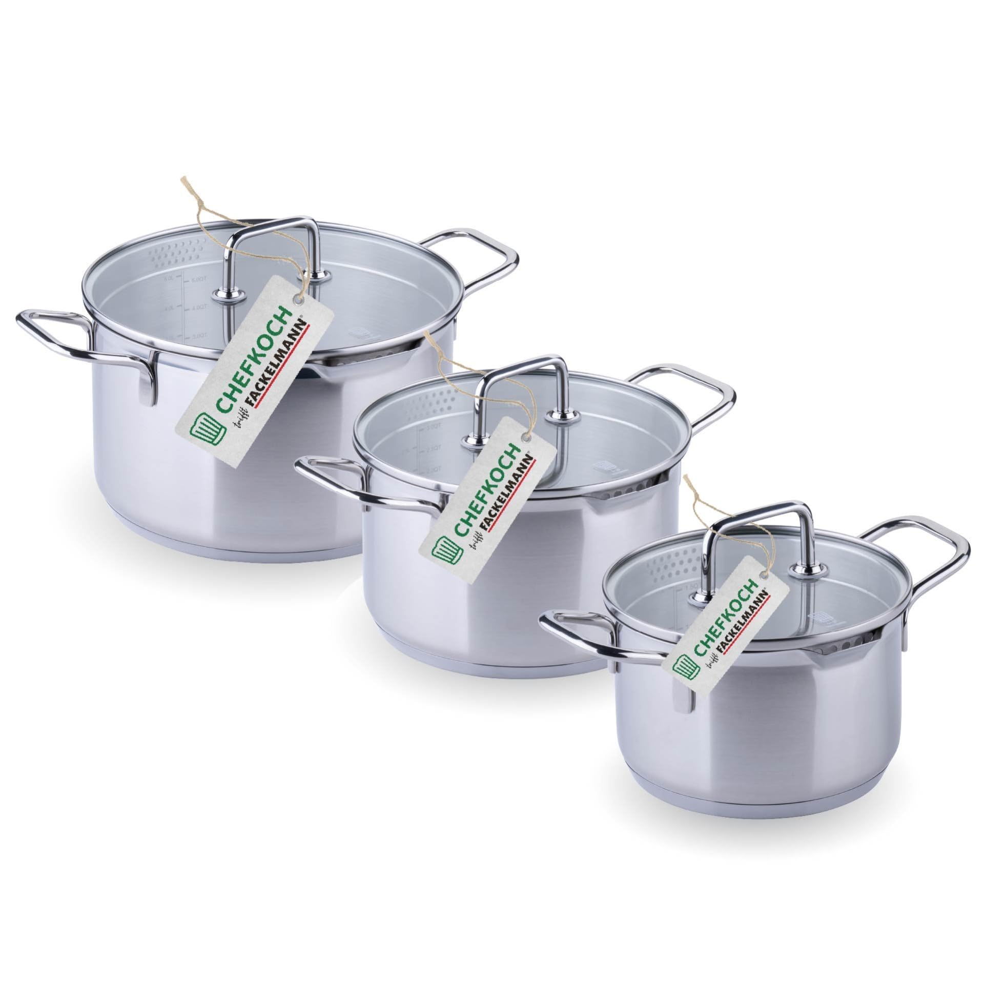 Chefkoch trifft Fackelmann Kochtopf-Set mit Glasdeckel Ø16, 20, 24cm – Aus Premium Edelstahl mit Aluminium-Kern, für alle Herdarten inkl. Induktion