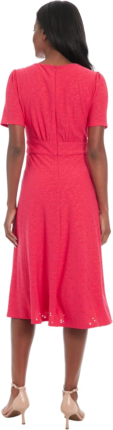 London Times Women's Eyelet Midi A-line Puff Sleeves-Gathered Waist Empire Cut-Wedding Guest Dress