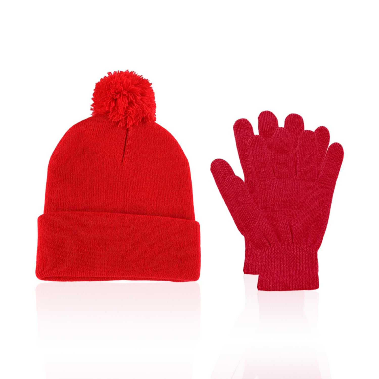WUFGWBD 1 Fur Ball Hat and 1 Pair of Knitted Gloves, Winter Warm Supplies, Simple and Versatile Hat, Elastic and Soft Gloves, Cycling Gloves Red