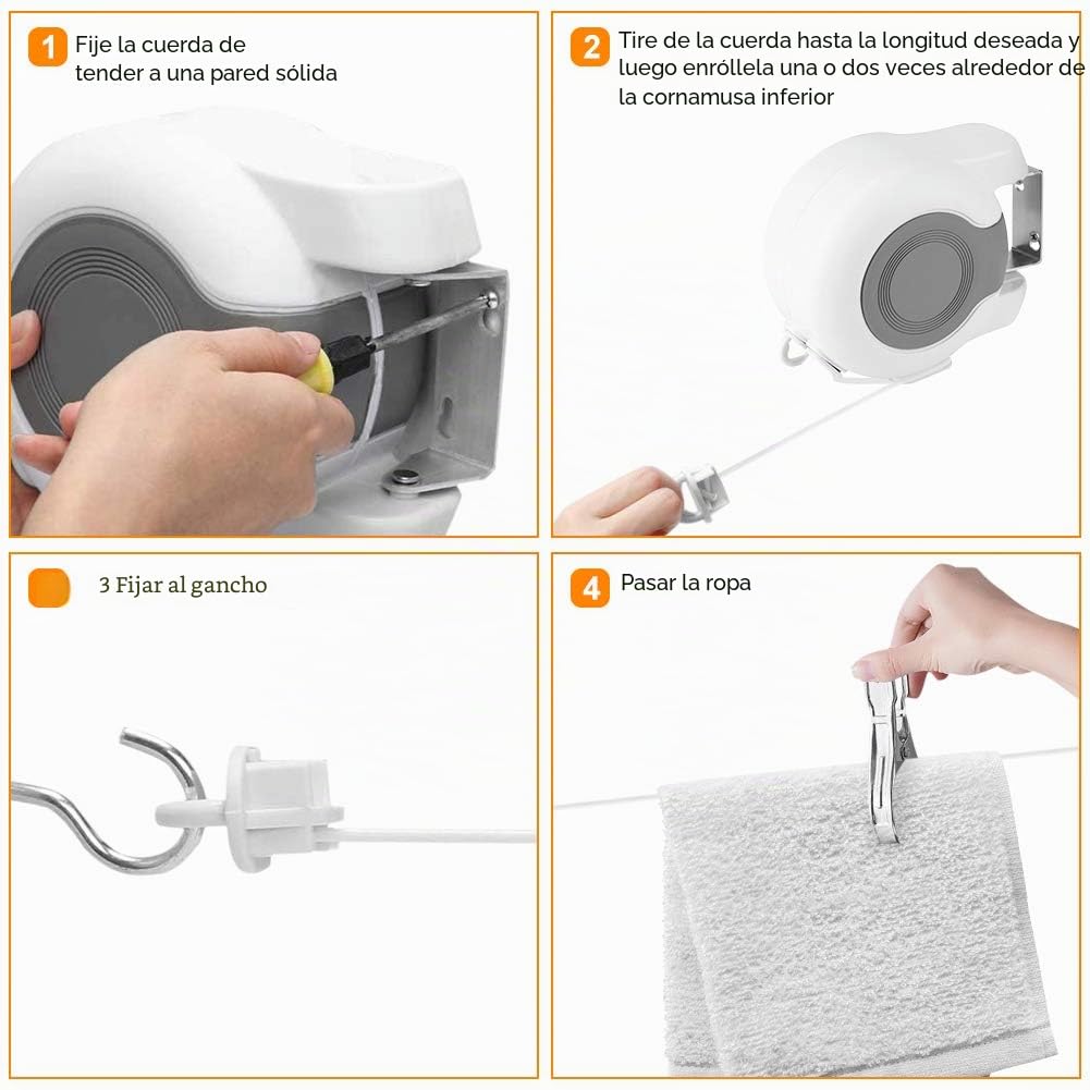 Tendedero Extensible 13 Metros, Cuerda para Tender Ropa Retractil Tendederos Plegables de Pared Exterior Abatible Cuerda para Tenderete, para Balcón Jardín Zona Interior