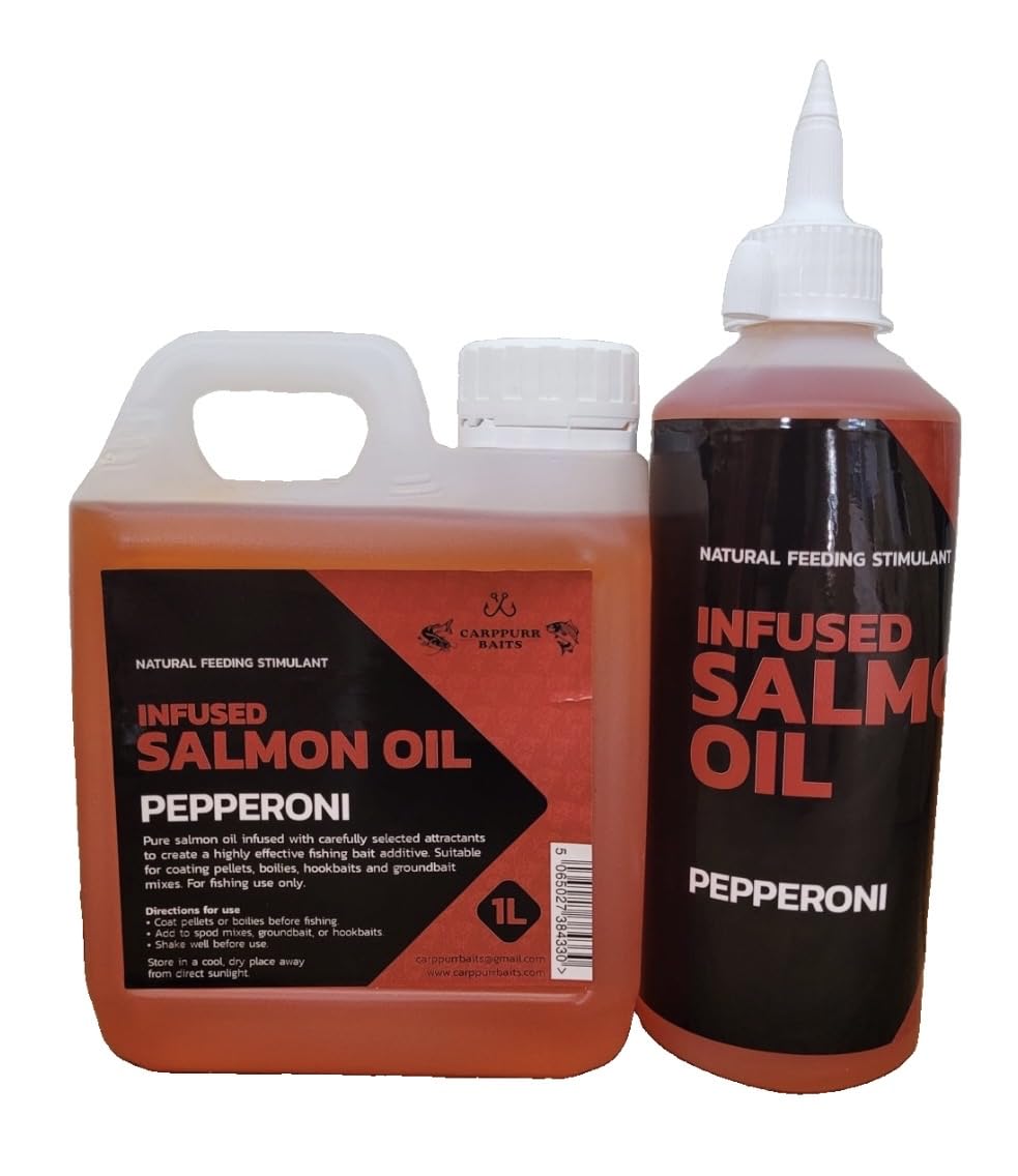 Carppurr baits 500ml-1L-2L-5L - Pepperoni Flavoured Salmon Oil – High Attraction Fishing Oil for Carp, Catfish & Coarse Fishing – Liquid Pellet & Bait Booster (2x 500ml)